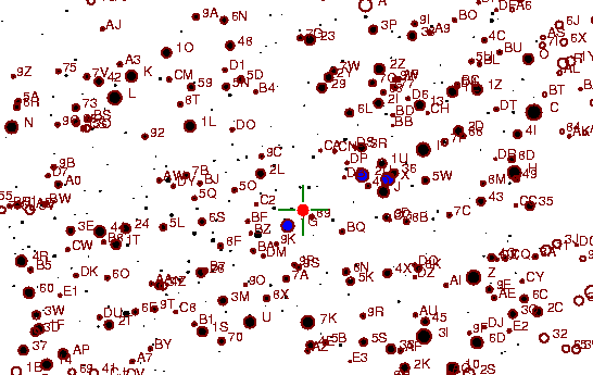 Identification sketch for variable star RU-TAU (RU TAURI) on the night of JD2453057.
